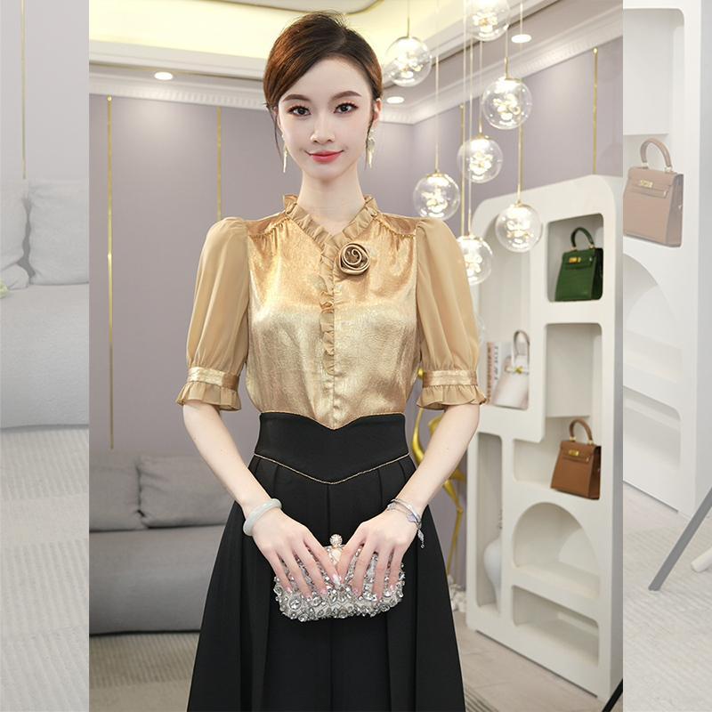 Luxury Lifestyle Women - Atasan Kemeja Sambungan Emas Sampanye Putih