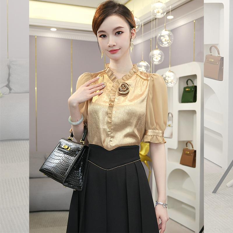 Atasan Kemeja Sambungan Emas S - Luxury Lifestyle Women ulasan dan harga