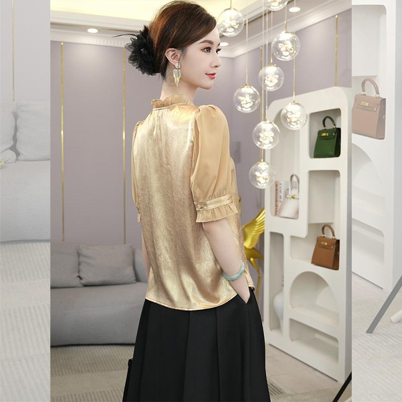 Atasan Kemeja Sambungan Emas S - Luxury Lifestyle Women ulasan dan harga
